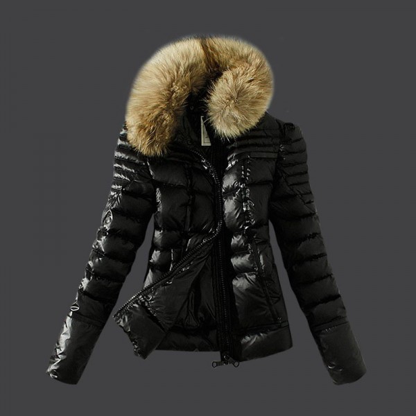Moncler Donna Giù cappotto collo di pelliccia nero Presa M1097